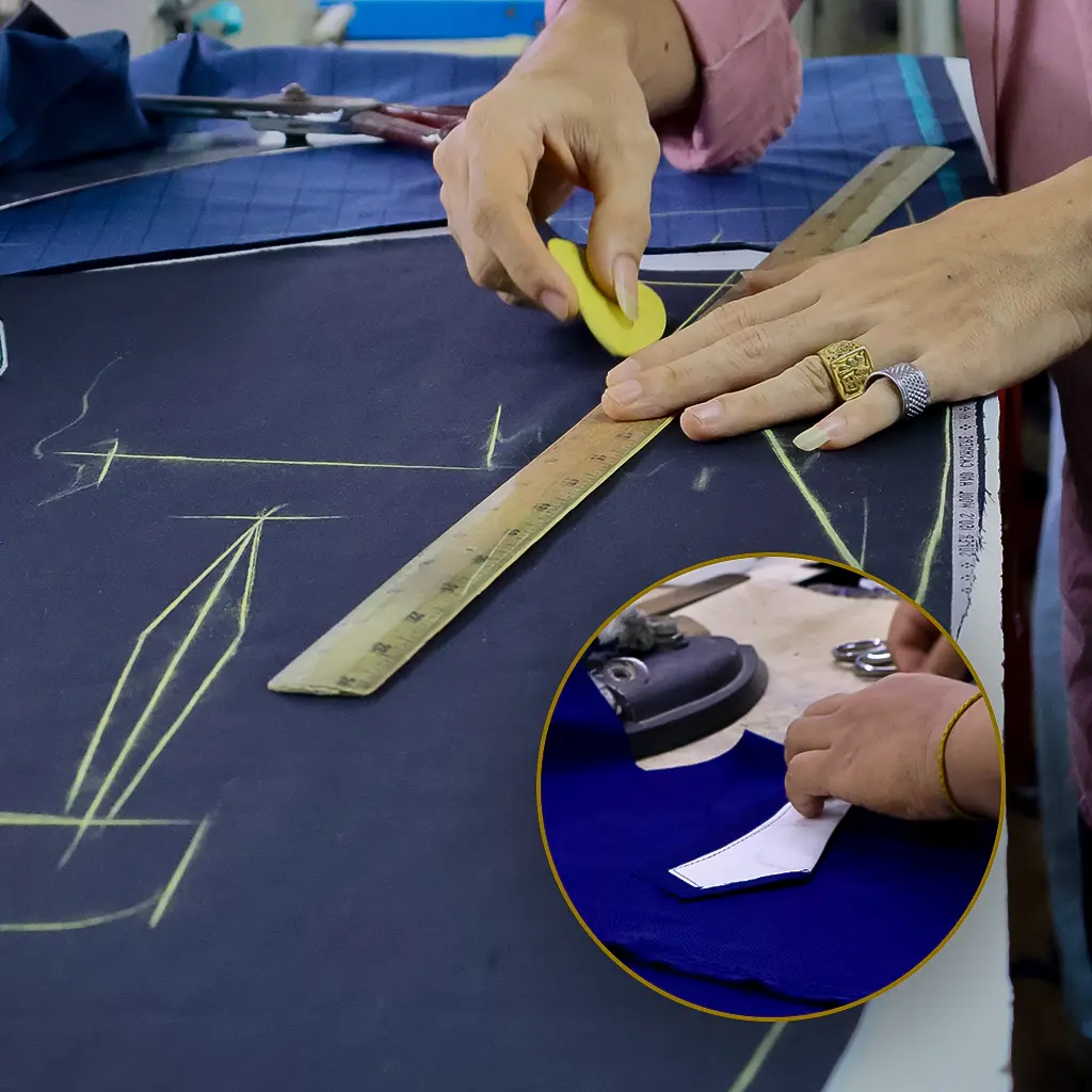 Needle and thread used in hand-stitching a bespoke garment