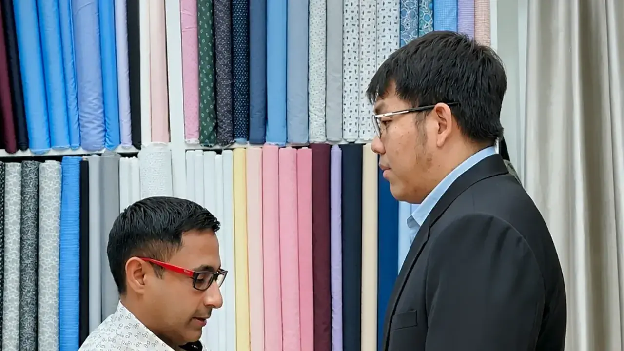 Tailor checking the fit of a black jacket on a client in front of a wall of shirting cloth
